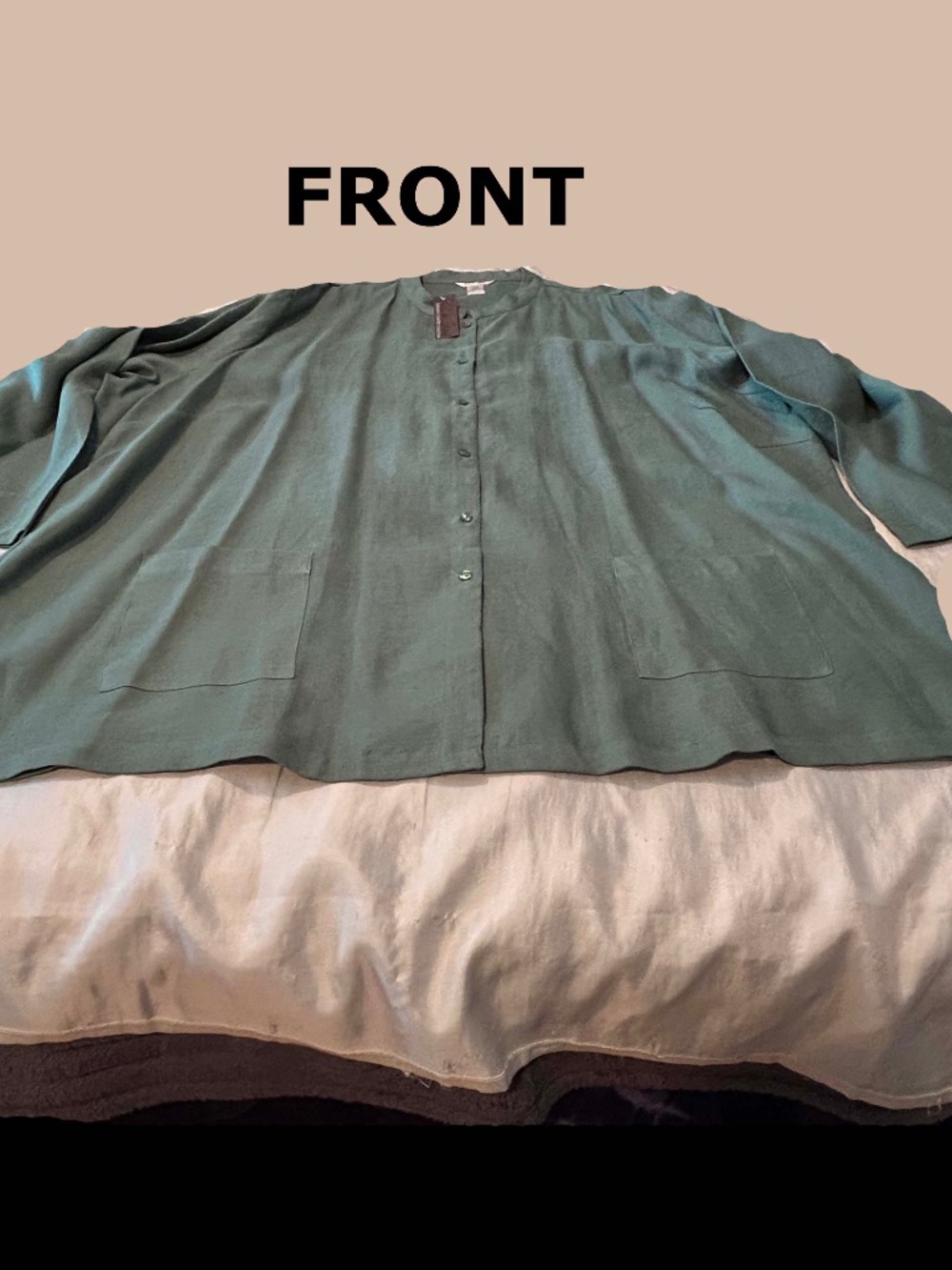 BLOUSE TUNIC, PURE LINEN, MEDIUM GREEN, SIZE 34, BUTTON FRONT, 2 POCKETS, LONG